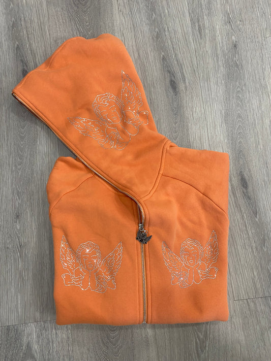 Orange Rhinestone Zip Up