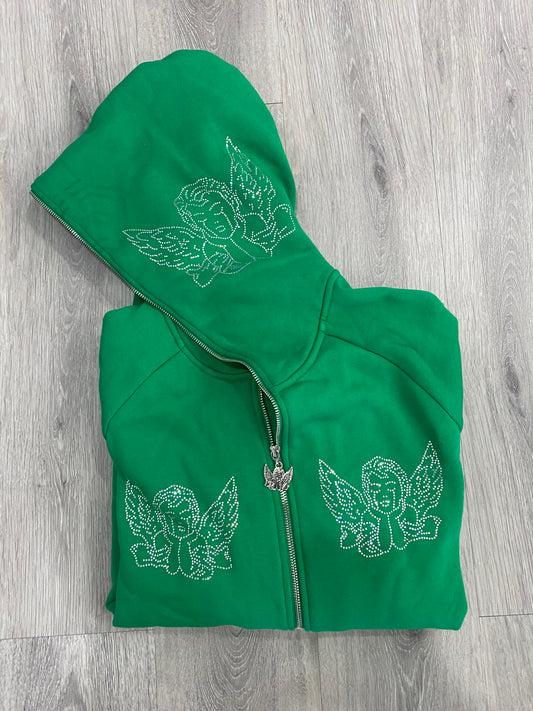 Green Rhinestone Zip Up