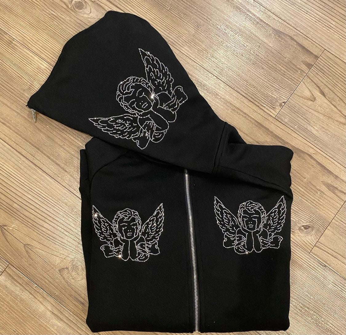 Black Rhinestone Zip Up