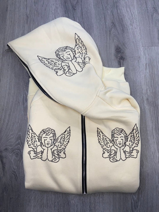 Cream Rhinestone Zip Up